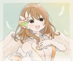 Rule 34 | 1girl, arm at side, arm cuffs, bare shoulders, bow, brown hair, clothing cutout, dot nose, facing viewer, feathers, green background, green bow, grey eyes, grey ribbon, hair between eyes, hair bow, hair ornament, half-closed eyes, hanasato minori, hand on own chest, hand up, happy, heart, heart cutout, heart hair ornament, light blush, looking afar, medium hair, momosei (momo mo00), neck ribbon, open mouth, orange bow, orange ribbon, pale color, plaid, plaid bow, project sekai, ribbon, simple background, sleeveless, smile, solo, swept bangs, upper body, white bow, white feathers, wing collar