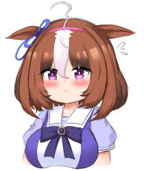 Rule 34 | 1girl, :&lt;, ahoge, animal ears, bailingxiao jiu, blue shirt, blush, breasts, brown hair, closed mouth, commentary request, flying sweatdrops, hairband, highres, horse ears, looking at viewer, medium breasts, meisho doto (umamusume), multicolored hair, pink hairband, puffy short sleeves, puffy sleeves, purple eyes, school uniform, shirt, short sleeves, simple background, solo, streaked hair, tracen school uniform, umamusume, upper body, white background, white hair