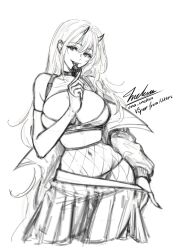 Rule 34 | 1girl, bare shoulders, breasts, candy, chain, character name, choker, cleavage, crop top, elbow gloves, fingerless gloves, fishnet pantyhose, fishnets, food, gloves, goddess of victory: nikke, greyscale, hair intakes, highres, holding candy, holding food, holding lollipop, horns, large breasts, lollipop, long hair, monochrome, off-shoulder jacket, off shoulder, pantyhose, pleated skirt, signature, sketch, skirt, solo, tina inekun, viper (nikke)