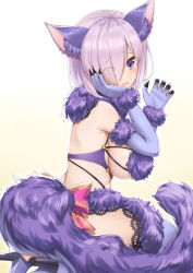 Rule 34 | 1girl, animal ears, bare shoulders, blue gloves, blush, bow, breasts, claws, commentary request, elbow gloves, eyes visible through hair, fang, fate/grand order, fate (series), from behind, from side, fur trim, gloves, gradient background, hair over one eye, halloween costume, hand on own cheek, hand on own face, heijialan, high heels, kneeling, lace trim, large breasts, light purple hair, mash kyrielight, mash kyrielight (dangerous beast), official alternate costume, pink bow, purple eyes, short hair, solo, tail, thighhighs, white background, wolf ears, wolf tail