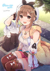 Rule 34 | 1girl, :d, atelier (series), atelier ryza, atelier ryza 1, bag, black bow, blurry, blurry foreground, blush, boots, bow, breasts, brown eyes, brown gloves, brown hair, cleavage, coat, depth of field, gloves, hair bow, hair ornament, hairclip, hand up, hat, ikeuchi tanuma, jewelry, large breasts, looking at viewer, necklace, open clothes, open coat, open mouth, outdoors, red footwear, reisalin stout, short hair, sitting, smile, solo, star (symbol), star necklace, thigh boots, thighhighs, twitter username, white hat, white thighhighs, yellow coat