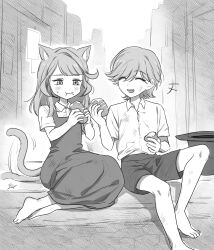 Rule 34 | 1boy, 1girl, absurdres, aged down, animal ears, barefoot, blush, bread, brother and sister, cat ears, cat girl, cat tail, closed eyes, collared shirt, dress, food, food on face, genshin impact, greyscale, hair between eyes, hat, highres, holding, holding food, lynette (genshin impact), lyney (genshin impact), monochrome, open mouth, outdoors, pillosopi, shirt, short sleeves, shorts, siblings, sitting, tail, top hat