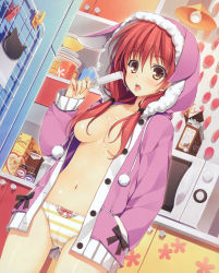 Rule 34 | 1girl, absurdres, animal hood, blush, bow, bow panties, breasts, cameltoe, food, food on body, food on face, from below, hair censor, hair over breasts, hand in pocket, highres, hood, hooded jacket, jacket, kitchen, long hair, looking at viewer, microwave, navel, no bra, open clothes, original, panties, popsicle, rabbit hood, red hair, sexually suggestive, small breasts, solo, standing, striped clothes, striped panties, tongue, underwear, yellow eyes, yuuki hagure