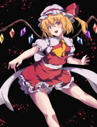 Rule 34 | 1girl, ascot, back bow, black background, blonde hair, bow, breasts, collared shirt, crystal, feet out of frame, flandre scarlet, frilled shirt collar, frilled skirt, frilled sleeves, frills, hair between eyes, hat, hat ribbon, head tilt, highres, large bow, leaning forward, looking at viewer, medium hair, miniskirt, mob cap, multicolored wings, one side up, open mouth, puffy short sleeves, puffy sleeves, red eyes, red ribbon, red skirt, red vest, ribbon, shirt, short sleeves, simple background, skirt, skirt set, small breasts, solo, thighs, touhou, vel0x s, vest, white bow, white hat, wings, yellow ascot