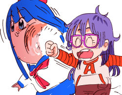 Rule 34 | 2girls, :3, :d, ^ ^, blue hair, blue skirt, bow, broken tooth, brown pants, closed eyes, clothes writing, commentary, crossover, dr. slump, english commentary, glasses, hair bow, highres, long hair, long sleeves, multiple girls, neckerchief, norimaki arale, open mouth, pants, parody, pink-framed eyewear, pipimi, poptepipic, punching, purple hair, raglan sleeves, red bow, red neckerchief, ryusei hashida, school uniform, serafuku, shirt, simple background, skirt, smile, white background, white shirt