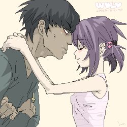 Rule 34 | 1boy, 1girl, black hair, blush, closed eyes, embarrassed, gorillaz, happy, lowres, murdoc niccals, noodle (gorillaz), purple hair, short twintails, simple background, smile, sweatdrop, twintails