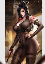 Rule 34 | 1girl, ass, assassin, avatar: the last airbender, avatar legends, black hair, breasts, cleavage, dandon fuga, green eyes, hair bun, highres, holding, holding whip, june, june (avatar), large breasts, pinup (style), red lips, red nails, solo, thighs
