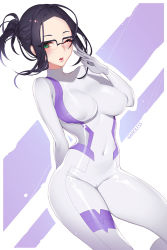 Rule 34 | 1girl, arm behind back, artist name, black hair, blush, bodysuit, breasts, cameltoe, commentary, covered erect nipples, covered navel, cowboy shot, darling in the franxx, folded ponytail, glasses, gloves, green eyes, ikuno (darling in the franxx), large breasts, looking at viewer, medium breasts, nanoless, one eye closed, open mouth, parted bangs, short hair, skin tight, smile, solo, striped, thighs, white bodysuit