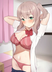 Rule 34 | 1girl, arms behind head, arms up, blue skirt, blush, boku to kanojo no onani life, bow, bow bra, bra, breasts, brown hair, closed mouth, clothes pull, commentary request, cowboy shot, dress shirt, frilled bra, frills, green eyes, hair ornament, hair tie, hairclip, indoors, large breasts, looking at viewer, medium hair, naomi (boku to kanojo no onani life), navel, one side up, onikokko, open clothes, open shirt, original, panties, partial commentary, red bra, red panties, second-party source, shirt, short sleeves, skirt, skirt pull, smile, solo, standing, underwear, white shirt, wing collar, yumehiko