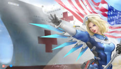 Rule 34 | 1girl, absurdres, alternate hairstyle, alternate wing color, american flag, armband, artist name, belt, beret, black gloves, blonde hair, blue bodysuit, blue eyes, blue sky, blue wings, blurry, blurry background, bodysuit, breasts, combat medic ziegler, commentary, coronavirus pandemic, cross, english commentary, flag, gloves, hat, highres, holding, holding flag, honookayn, hospital ship, long sleeves, looking to the side, mechanical wings, medium breasts, medium hair, mercy (overwatch), name connection, nose, nurse cap, object namesake, open mouth, outdoors, outstretched arm, overwatch, overwatch 1, patreon logo, pixiv logo, pliers, red cross, signature, skin tight, sky, solo, upper body, usns mercy (hospital ship), utility belt, white hat, wind, wings