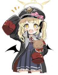 Rule 34 | 1girl, black coat, black dress, black hat, black wings, blonde hair, blue archive, blush, coat, cowboy shot, cropped legs, demon wings, dress, fang, halo, hat, ibuki (blue archive), long hair, looking at viewer, open clothes, open coat, open mouth, peaked cap, side ponytail, simple background, sleeves past fingers, sleeves past wrists, smile, solo, tibaridooor, white background, wings, yellow eyes, yellow halo