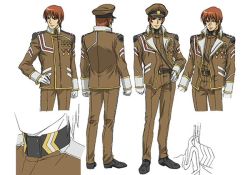 Rule 34 | 1boy, badge, concept art, fan hulic, gloves, hand on own hip, hat, loafers, looking at viewer, male focus, military, multiple views, pants, peaked cap, shoes, simple background, tytania, uniform, white background, white gloves
