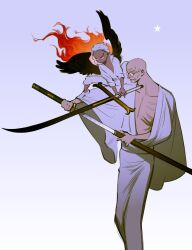 Rule 34 | 10kiroki, 2boys, absurdres, age difference, aged down, bald, black wings, burning, dark skin, drawing sword, ethan-baron v. nusjuro, feet out of frame, fire, from side, full body, highres, holding, holding sword, holding weapon, japanese clothes, kimono, looking ahead, looking to the side, multiple boys, old, old man, one piece, open clothes, round eyewear, s-hawk, seraphim (one piece), shirt, simple background, sitting on shoulder, standing, star (symbol), sword, weapon, white hair, white kimono, white shirt, white theme, wide sleeves, wings, yellow eyes, yoru (sword)