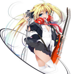 Rule 34 | 1girl, :d, ahoge, beats by dr. dre, black jacket, black skirt, blonde hair, blue eyes, blue hair, blurry, blush, button eyes, buttons, depth of field, drawstring, electric guitar, gradient hair, guitar, headphones, headphones around neck, highres, holding, instrument, jacket, leg up, long hair, looking at viewer, microphone, microphone stand, mtu (orewamuzituda), multicolored hair, necktie, no bra, open clothes, open jacket, open mouth, original, partially unbuttoned, pleated skirt, plectrum, red necktie, shiny skin, shirt, short sleeves, simple background, single hair intake, skirt, smile, smiley face, smoke, solo, standing, standing on one leg, thighhighs, twintails, v-shaped eyebrows, white background, white shirt, white thighhighs