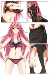 Rule 34 | 1girl, ass, bad id, bad pixiv id, blue eyes, bra, breasts, cleavage, close-up, hands on own hips, lingerie, long hair, looking at viewer, megurine luka, navel, nemunemu (bluelight5), panties, pink bra, pink hair, pink panties, polka dot, polka dot bra, polka dot panties, smile, solo, thighhighs, underwear, underwear only, undressing, vocaloid