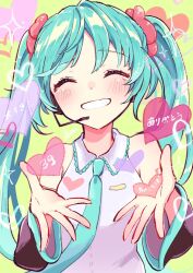 Rule 34 | 1girl, :d, aoiyui, bare shoulders, black sleeves, blue hair, blue necktie, blush, closed eyes, collared shirt, detached sleeves, facing viewer, frilled shirt, frills, grin, hair ornament, hair scrunchie, hatsune miku, headset, heart, highres, long sleeves, microphone, necktie, open hands, open mouth, pink scrunchie, reaching, reaching towards viewer, scrunchie, shirt, sleeveless, sleeveless shirt, smile, solo, straight-on, teeth, twintails, upper body, vocaloid, white shirt