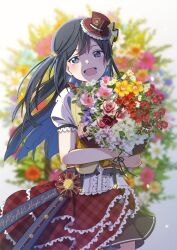 Rule 34 | 1girl, absurdres, black hair, bouquet, chase! (love live!), commentary, earrings, flower, fujiwaland, grey eyes, hat, highres, holding, holding bouquet, holding flower, jewelry, kusunoki tomori, looking at viewer, love live!, love live! nijigasaki high school idol club, one side up, open mouth, sidelocks, solo, swept bangs, tears, upper body, voice actor connection, yuki setsuna (love live!)