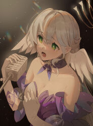 Rule 34 | 1girl, absurdres, bare shoulders, bead necklace, beads, breasts, cleavage, collar, commentary request, detached sleeves, dress, gloves, green eyes, grey hair, head wings, highres, honkai: star rail, honkai (series), jewelry, long hair, medium breasts, miaooon, necklace, open mouth, purple collar, robin (honkai: star rail), short sleeves, solo, strapless, strapless dress, upper body, very long hair, white gloves, wings