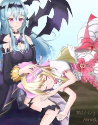 Rule 34 | 2girls, absurdres, artist name, blonde hair, blue hair, blue sky, breasts, chaos aurora (grimms notes), chaos marie (grimms notes), closed eyes, dated, detached sleeves, dress, frills, gradient hair, grimms notes, hair ribbon, headpat, highres, jewelry, lap pillow, large breasts, light blue hair, log, long hair, multicolored hair, multiple girls, neruth, pendant, pink eyes, puffy short sleeves, puffy sleeves, ribbon, short sleeves, single sock, sitting, sitting on log, sky, sleeping, smile, socks, thorns, wings, yuri