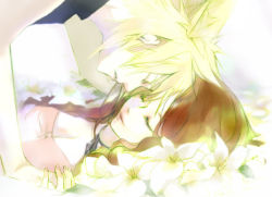 Rule 34 | 00s, 1boy, 1girl, 2000s (style), aerith gainsborough, blonde hair, blue shirt, breasts, brown hair, choker, cleavage, closed eyes, cloud strife, couple, dress, final fantasy, final fantasy vii, flower, flower bed, hetero, holding hands, jacket, jewelry, lily (flower), necklace, parted bangs, parted lips, pink dress, red jacket, shirt, sleeveless, sleeveless turtleneck, square enix, tomo (552252), turtleneck, white flower