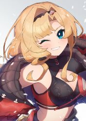 Rule 34 | absurdres, blonde hair, cleavage cutout, clothing cutout, granblue fantasy, hairband, highres, jacket, looking at viewer, omoch mcmc, one eye closed, oversized jacket, red jacket, twitter username, two-sided fabric, two-sided jacket, two-tone gloves, two-tone hairband, zeta (granblue fantasy), zeta (grand) (granblue fantasy)