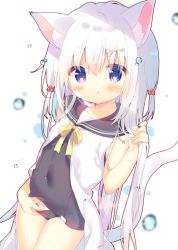 Rule 34 | 1girl, animal ear fluff, animal ears, bare arms, bare shoulders, black one-piece swimsuit, black sailor collar, blush, bow, cat ears, cat girl, cat tail, commentary request, covered navel, dress, hair between eyes, hair bobbles, hair ornament, holding, holding own hair, key hair ornament, long hair, old school swimsuit, one-piece swimsuit, open clothes, open dress, original, purple eyes, sailor collar, sailor dress, school swimsuit, school swimsuit flap, solo, swimsuit, swimsuit under clothes, tail, tail raised, very long hair, white background, white dress, white hair, yellow bow, yuizaki kazuya