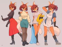 Rule 34 | 1girl, :&gt;, :&lt;, alternate hairstyle, animal ear fluff, animal ears, animal hands, animal nose, arm at side, arm behind head, arm up, artist name, bare shoulders, black footwear, black fur, black pantyhose, black shirt, blanket, blue shirt, blue skirt, blue socks, blush, bob cut, boots, breasts, brown hair, claws, closed mouth, clothing cutout, collarbone, collared shirt, dress, female focus, full body, furry, furry female, grey background, grey footwear, grey shorts, half-closed eyes, hand up, happy, head tilt, high heels, highres, holding, holding blanket, holding stuffed toy, legs apart, legs together, light blush, long sleeves, looking at viewer, medium breasts, messy hair, miniskirt, multicolored fur, multiple views, open clothes, open shirt, orange fur, original, pantyhose, pencil skirt, ponytail, red eyes, red skirt, shirt, shirt tucked in, shoes, short dress, short hair, short shorts, shorts, shoulder cutout, sidelocks, signature, simple background, skirt, slippers, smile, snout, socks, standing, stuffed animal, stuffed bird, stuffed toy, sweater, swept bangs, tail, tail through clothes, white dress, white footwear, white fur, white shirt, wolf ears, wolf girl, wolf girl (yellowparrot), wolf tail, yellow sweater, yellowparrot