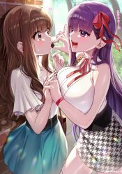 Rule 34 | !?, 2girls, absurdres, against wall, bag, bare shoulders, bb (fate), bb (fate/extra), blush, breasts, brick wall, brown eyes, brown hair, chocolate, earrings, eye contact, fate/extra, fate/extra ccc, fate (series), feeding, hair ribbon, handbag, heart, highres, holding hands, interlocked fingers, jewelry, kishinami hakuno (female), large breasts, long hair, looking at another, multiple girls, necklace, open mouth, outdoors, purple eyes, purple hair, red ribbon, red wristband, ribbon, smile, stud earrings, sweatdrop, teeth, tongue, translated, very long hair, wristband, yayoi maka, yuri
