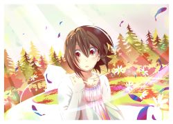 Rule 34 | 10s, blush, brown hair, church, dress, dutch angle, flower, forest, grass, highres, inaba himeko, jewelry, kokoro connect, light rays, looking down, monaral-jiro, nature, necklace, open mouth, path, petals, pine tree, pov, red eyes, road, short hair, solo, sunbeam, sunlight, surprised, teardrop, tears, tree, wind