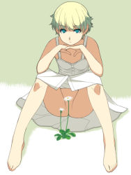 Rule 34 | 1girl, barefoot, blonde hair, blue eyes, censored, convenient censoring, dress, feet, flower, ino (magloid), no panties, otome function, short hair, sitting, solo, spread legs, tatiana vasilievna stalina, toes