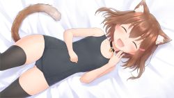 Rule 34 | 1girl, :d, animal ear fluff, animal ears, black one-piece swimsuit, black thighhighs, blush, brown hair, cat ears, cat girl, cat tail, choker, closed eyes, collar, collarbone, commission, facing viewer, fang, gluteal fold, hair between eyes, hair ornament, hairclip, highres, ikazuchi (kancolle), kantai collection, kemonomimi mode, old school swimsuit, one-piece swimsuit, open mouth, pixiv commission, school swimsuit, smile, solo, swimsuit, tail, thighhighs, wamu (chartreuse)