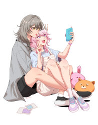 Rule 34 | 2girls, absurdres, ae ttana, alternate costume, artist name, clothing request, commentary, english commentary, highres, honkai: star rail, honkai (series), march 7th (honkai: star rail), medium hair, multiple girls, open mouth, photo (object), pink eyes, pink hair, selfie, simple background, smile, stelle (honkai: star rail), stuffed animal, stuffed toy, teeth, tongue, tongue out, trailblazer (honkai: star rail), two-tone eyes, upper teeth only, v, white background