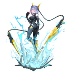 Rule 34 | 1girl, android, asymmetrical bangs, black bodysuit, black gloves, bodysuit, breasts, broken ground, elbow gloves, electricity, eversoul, game cg, gloves, glowing, glowing eye, grey hair, hair over one eye, highres, holding, holding mask, jacqueline (eversoul), joints, large breasts, leg blade, mask, unworn mask, mouth mask, official alternate costume, official alternate hairstyle, official art, one eye covered, parted lips, robot joints, solo, tachi-e, transparent background, yellow eyes