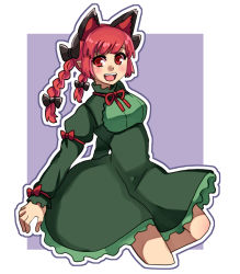 Rule 34 | 1girl, :d, animal ears, black bow, blunt bangs, border, bow, braid, cat ears, cropped legs, dress, extra ears, eyebrows hidden by hair, green dress, hair bow, hair ribbon, juliet sleeves, kaenbyou rin, long sleeves, looking at viewer, no tail, one-hour drawing challenge, open mouth, outline, outside border, pointy ears, puffy sleeves, purple background, red eyes, red hair, renshirenji, ribbon, simple background, smile, solo, teeth, tongue, touhou, tress ribbon, twin braids, twintails, upper teeth only, white border, white outline