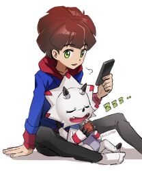 Rule 34 | 1boy, amanokawa hiro, black pants, blue jacket, brown hair, cellphone, commentary, digimon, digimon (creature), digimon ghost game, fon-due (fonfon), gammamon, green eyes, holding, holding phone, hood, hooded sweater, jacket, looking at viewer, male focus, open mouth, pants, phone, red sweater, short hair, sitting, smartphone, sweater, symbol-only commentary, white background, zzz