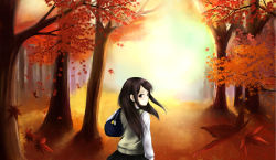 Rule 34 | 1girl, autumn, brown hair, chiko (kanhogo), nature, original, outdoors, scenery, school uniform, serafuku, sky, solo, tree