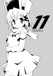 Rule 34 | 1girl, bridal gauntlets, dress, expressionless, greyscale, hair ornament, hat, looking at viewer, monochrome, nekonin, scarf, short hair, short sleeves, solo, standing, thighhighs, zettai ryouiki