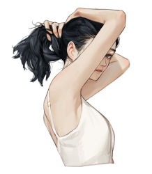 Rule 34 | 1girl, armpits, black eyes, black hair, camisole, covering face, cropped torso, hair behind ear, holding, holding hair, original, ponytail, rinotuna, shadow, simple background, solo, white background, white camisole