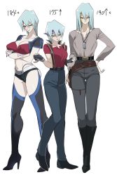 Rule 34 | 3girls, ass, backless pants, belt, black sclera, blue hair, blush, boots, breasts, bustier, colored sclera, crossed arms, dark persona, ear piercing, covered erect nipples, facial mark, fingerless gloves, full body, genderswap, genderswap (mtf), gloves, gluteal fold, hair between eyes, hand on own hip, harmonica, height, height difference, high heel boots, high heels, highleg, highleg panties, highres, holster, instrument, kiryu kyosuke, large breasts, long hair, looking at viewer, multiple girls, multiple persona, nail polish, navel, panties, pants, piercing, purple nails, shirt, short hair, short shorts, shorts, smile, smirk, standing, t-shirt, tattoo, thigh boots, thigh gap, thighhighs, underwear, vest, white background, yanazuri (kimossari337), yellow eyes, yu-gi-oh!, yu-gi-oh! 5d&#039;s
