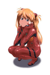 Rule 34 | 1girl, aoico blue8, artist request, blue eyes, bodysuit, breasts, cheek bulge, curvy, fetal position, full body, long hair, looking at viewer, neon genesis evangelion, plugsuit, red bodysuit, shiny clothes, solo, souryuu asuka langley, squatting, tsundere, twintails, wide hips