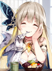 Rule 34 | 1girl, :t, ^^^, armor, bare shoulders, blonde hair, blush, bowl, breasts, brown hair, character request, cleavage, closed mouth, commentary request, cup, eating, closed eyes, facing viewer, gauntlets, hair ornament, holding, holding spoon, indoors, long hair, medium breasts, miyase mahiro, pauldrons, sennen sensou aigis, shoulder armor, single gauntlet, single pauldron, solo, spoon, steam, upper body, very long hair, yunomi