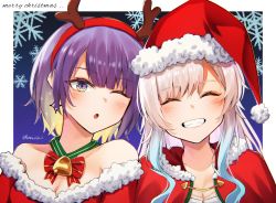 Rule 34 | 2girls, :o, ^ ^, airani iofifteen, antlers, blue hair, blush, breasts, capelet, cleavage, closed eyes, collarbone, dress, fiyaa (pakkoshii), gradient hair, hair behind ear, hairband, hat, highres, hololive, hololive indonesia, horns, medium breasts, moona hoshinova, multicolored hair, multiple girls, off-shoulder dress, off shoulder, one eye closed, open mouth, pink hair, portrait, purple hair, red capelet, red dress, red hairband, santa dress, santa hat, short hair, smile, snowflakes, twitter username, virtual youtuber