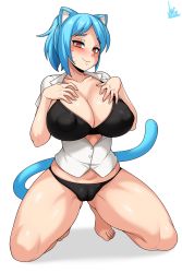 Rule 34 | 1girl, absurdres, animal ears, black bra, black panties, blue hair, blue tail, blush, bra, breasts, cameltoe, cat ears, cat tail, cleavage, cleft of venus, covered erect nipples, facial mark, hand on own chest, highres, humanization, jmg, kneeling, large breasts, looking at viewer, mature female, nicole watterson, nipples, panties, polo shirt, red eyes, short hair, skirt, smile, solo, tail, the amazing world of gumball, thighs, unbuttoned, unbuttoned shirt, underwear, whisker markings, white background