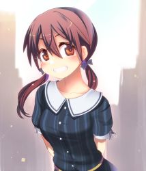 Rule 34 | 1girl, blush, breasts, brown eyes, brown hair, collarbone, gertrud barkhorn, grin, hair ornament, hair ribbon, looking at viewer, parted lips, ribbon, shiny skin, small breasts, smile, solo, strike witches, teeth, twintails, unier, world witches series