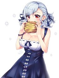 Rule 34 | 1girl, bad id, bad pixiv id, bare arms, bare shoulders, blue dress, blue ribbon, blush, breasts, burger, cleavage, commentary, dress, earrings, eating, food, girls&#039; frontline, hair between eyes, hair ribbon, heart, heart-shaped pupils, highres, holding, holding food, jewelry, large breasts, red eyes, ribbon, romaji commentary, signature, silver hair, simple background, sleeveless, sleeveless dress, solo, sparkle, spas-12 (girls&#039; frontline), symbol-shaped pupils, two side up, white background, xes (xes 5377)