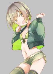 Rule 34 | 1girl, :d, bikini, bikini under clothes, blush, brown eyes, brown hair, collarbone, comah, front-tie bikini top, front-tie top, green hair, green jacket, green shorts, green thighhighs, grey background, hands up, highres, jacket, long sleeves, looking at viewer, multicolored hair, navel, open clothes, open jacket, open mouth, original, puffy long sleeves, puffy sleeves, short shorts, shorts, simple background, smile, solo, star (symbol), striped bikini, striped clothes, swimsuit, thighhighs, two-tone hair, vertical-striped bikini, vertical-striped clothes