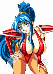 Rule 34 | 1990s (style), 1girl, bad id, bad pixiv id, blue eyes, blue hair, breasts, bridal gauntlets, brown pantyhose, choujin gakuen gowcaizer, circlet, cleavage, covered erect nipples, fingernails, hand on own hip, hishizaki shaia (gowcaizer), large breasts, leaning forward, leotard, long hair, matching hair/eyes, mitake830, mitake 2000, nail polish, pantyhose, ponytail, red leotard, retro artstyle, revealing clothes, shoulder pads, slingshot swimsuit, smile, solo, spandex, swimsuit, technos, transparent, white background