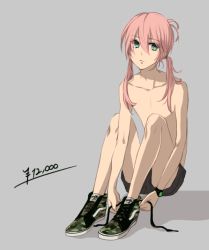 Rule 34 | 1boy, bad id, bad pixiv id, full body, green eyes, grey background, inazuma eleven (series), inazuma eleven go, kirino ranmaru, long hair, male focus, pink hair, shino (syllable), shoes, shorts, simple background, sitting, solo, topless male, trap, twintails, tying shoes, watch, wristwatch