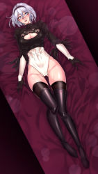 Rule 34 | 1girl, 2b (nier:automata), absurdres, android, arms at sides, bed, black shirt, blouse, blue eyes, blush, boots, breasts, brown thighhighs, cleavage, cleavage cutout, clothing cutout, covered collarbone, curvy, eyelashes, female focus, from above, full body, hair between eyes, highres, indoors, legs together, leotard, lips, lying, nier:automata, nier (series), no pants, on bed, shiny skin, shirt, short hair, skin tight, skindentation, skirt, solo, thigh boots, thighhighs, thighs, unworn skirt, white hair