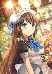 Rule 34 | 1girl, apron, blue bow, blue bowtie, blue eyes, bow, bowtie, brown dress, brown hair, clarinet (natsumi3230), closed mouth, cross-laced clothes, cup, cupcake, dress, dutch angle, food, hair bun, highres, holding, holding tray, indoors, kurata rine, lights, long hair, looking at viewer, macaron, maid, maid apron, maid headdress, original, plant, potted plant, puffy short sleeves, puffy sleeves, shelf, short sleeves, sidelocks, single hair bun, smile, solo, tareme, teacup, tiered tray, tray, upper body, waffle, white apron